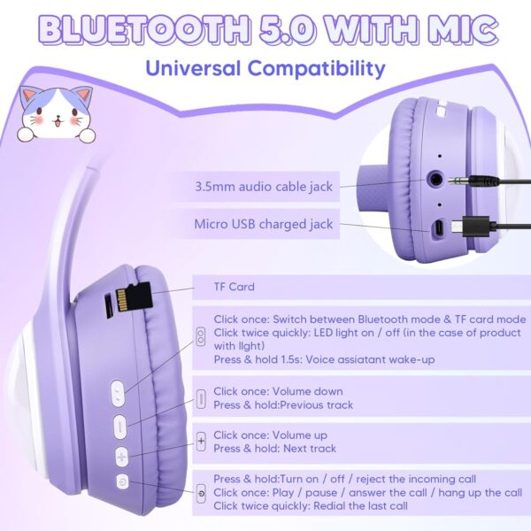 Cat Bluetooth Headphones for Girls, Kids - Image 3